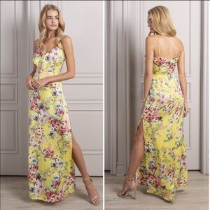 Senlis Madison Ruffle V Neck Yellow Floral Slip Maxi Dress S